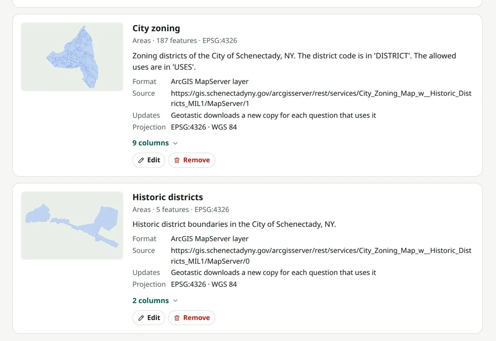 Two ArcGIS layers in Your data: City zoning with 187 features and Historic districts with 5 features. Each shows a map preview, a description, the ArcGIS MapServer source address, and a note that Geotastic downloads a new copy for each question.