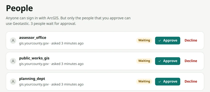 The People page. Three accounts, assessor_office, public_works_gis and planning_dept, wait for approval with Approve and Decline buttons.